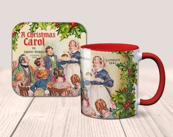 A Christmas Carol by Charles Dickens Mug and Coaster Set. Coffee Mug  and Coaster with Christmas Carol design, Christmas Gift.