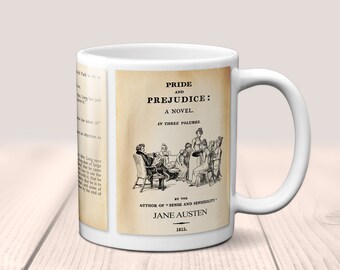 Pride and Prejudice by Jane Austen Mug. Coffee Mug with Pride and Prejudice book Title and Book Pages, Bookish Gift,  Literature Mug.