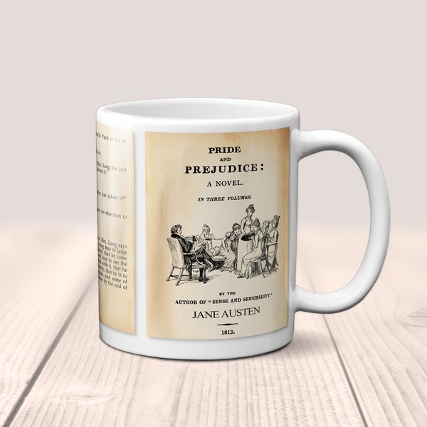 Pride and Prejudice by Jane Austen Mug. Coffee Mug with Pride and Prejudice book Title and Book Pages, Bookish Gift,  Literature Mug.