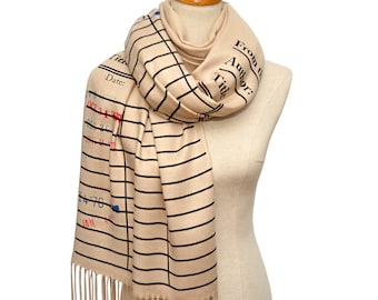 Library Card Scarf Wrap with Due Date Stamps, Vintage Checkout Slip Literary Shawl, Book Lover Gift for Readers and Librarians. Bookish Gift