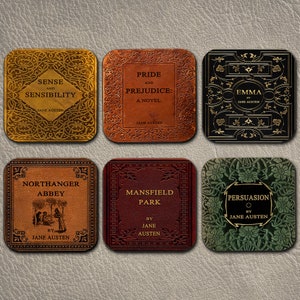 6 coasters with Complete Novels of Jane Austen. Six Coffee Mug Coasters with Complete Novels of Jane Austen's book designs.