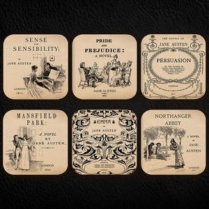 6 coasters with Complete Novels of Jane Austen . Six Coffee Mug Coasters with Complete Novels of Jane Austen's book designs.