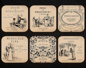 6 coasters with Complete Novels of Jane Austen . Six Coffee Mug Coasters with Complete Novels of Jane Austen's book designs.