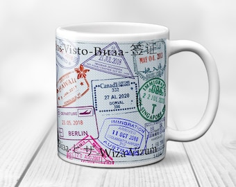 Traveler Mug. Coffee Mug with passport stamps, Flight attendant gift, Travel Agent gift