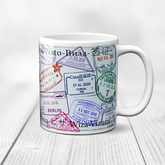 Traveler Mug. Coffee Mug with passport stamps, Flight attendant gift, Travel Agent gift