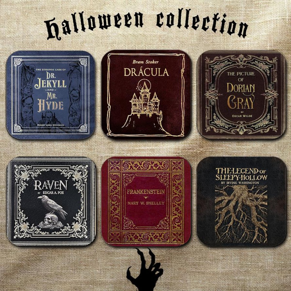 Gothic Literature Coaster Set. Dracula, Frankenstein, Sleepy Hollow, The Raven, Jekyll and Hyde, Dorian Gray. Bookish Home Decor Halloween