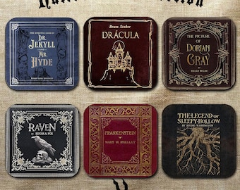 Gothic Literature Coaster Set. Dracula, Frankenstein, Sleepy Hollow, The Raven, Jekyll and Hyde, Dorian Gray. Bookish Home Decor Halloween