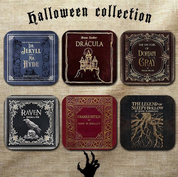 Gothic Literature Coaster Set. Dracula, Frankenstein, Sleepy Hollow, The Raven, Jekyll and Hyde, Dorian Gray. Bookish Home Decor Halloween