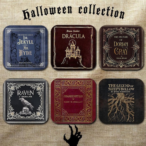 Gothic Literature Coaster Set. Dracula, Frankenstein, Sleepy Hollow, The Raven, Jekyll and Hyde, Dorian Gray. Bookish Home Decor Halloween