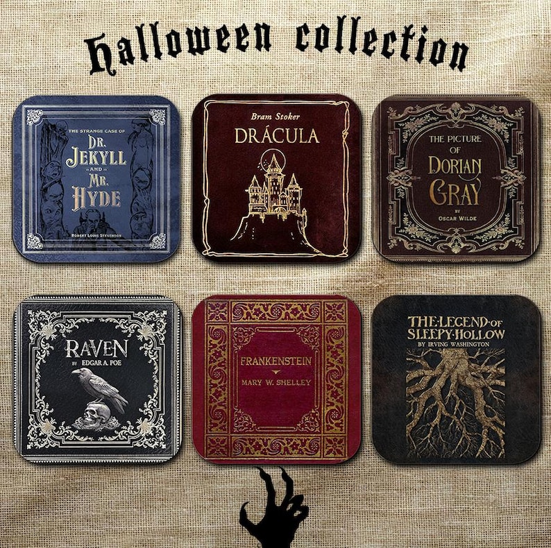 May include: A collection of square coasters featuring classic horror literature titles like "Dracula" and "Frankenstein." Each coaster has a vintage book cover design with ornate borders and author names. The words "Halloween collection" are at the top.