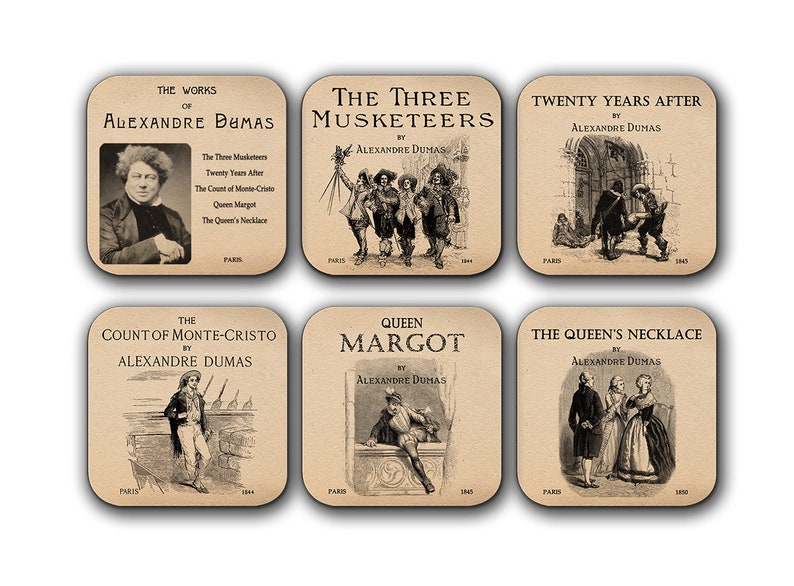The Three Musketeers Twenty Years After,The Count of Monte Cristo,Queen Margot,The Queen/'s Necklace 6 coasters with Alexandre Dumas novels