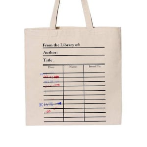 Bolsa de asas de la tarjeta de la biblioteca. Tarjeta de biblioteca con bolso de mano con sellos de fecha de vencimiento. Bolso de mano literario, bolso de libro, regalo de amante del libro, bolso escolar, bolso estético
