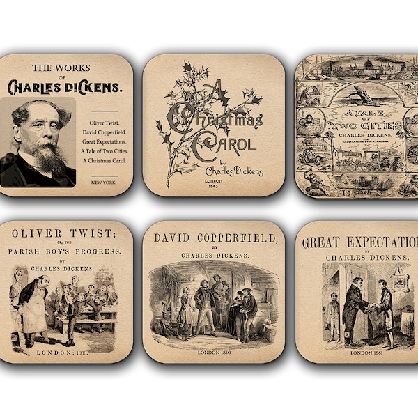 6 coasters with Novels by Charles Dickens. Oliver Twist, David Copperfield, A Tale of Two Cities, Great Expectations, A Christmas Carol.