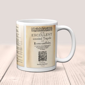 An excellent conceited tragedy of Romeo and Juliet by William Shakespeare Mug. Coffee Mug with  Romeo and Juliet book Title and Book Pages