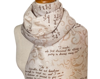 Pride and Prejudice Quotes Scarf, Jane Austen Literary Scarf, Book Lover Gift, Romantic Novel Shawl, Austen Quote Wrap, Bookish gift