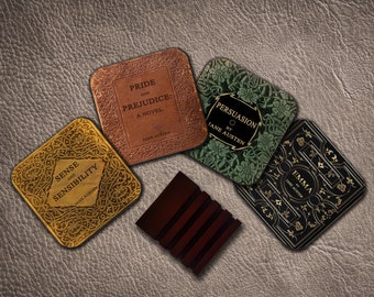 4 coasters with Most Popular Novels by Jane Austen. Pride and Prejudice, Emma, Sense and Sensibility and Persuasion.4 Coasters with stand.