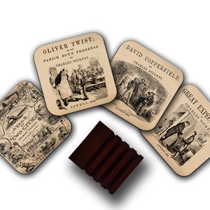 4 coasters with Novels by Charles Dickens. Oliver Twist, David Copperfield, A Tale of Two Cities, Great Expectations. Coffee Mug Coasters.