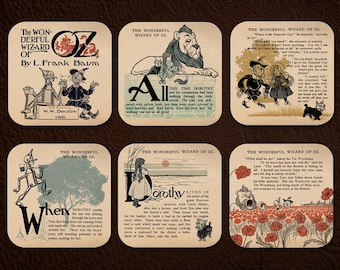 6 coasters with Wizard of Oz by Frank Baum design. Six Coffee Mug Coasters with The Wonderful Wizard of Oz design.
