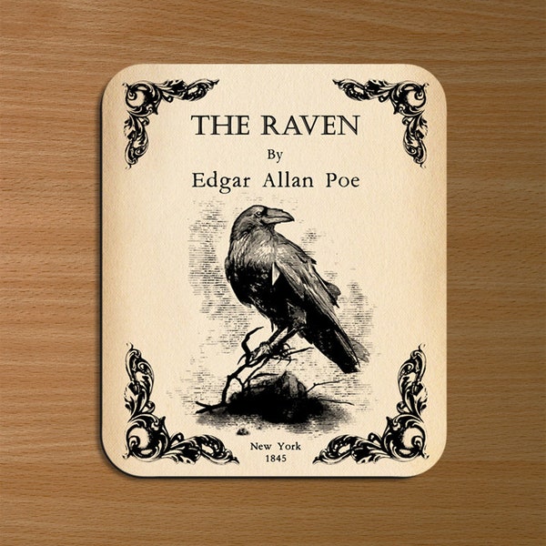 The Raven by Edgar Allan Poe Mouse pad. Literary Mousepad with The Raven book design, Bookish Gift, Literary Gift, Librarian gift, Goth Gift