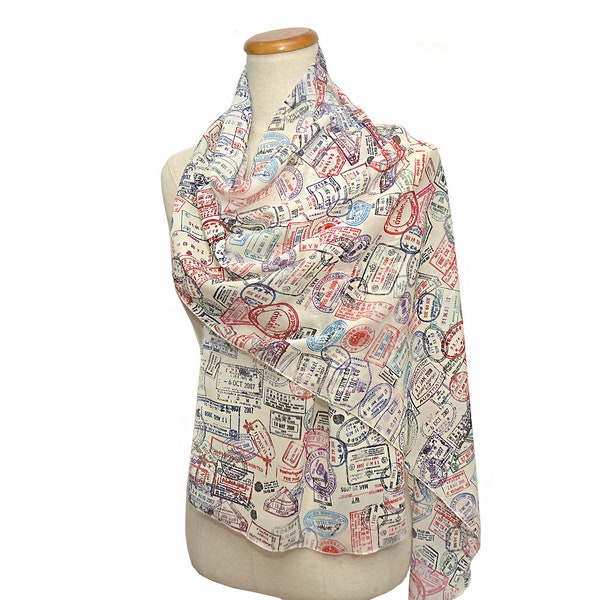 Traveler Chiffon Scarf.Light Chiffon scarf with Passport stamps.Flight attendant gift,Travel Agent gift.Spring Summer  scarf,light scarf.