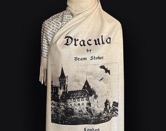 Dracula-sjaalomslag, gotisch horror literair cadeau, gezellige wollen sjaal voor lezers, Bram Stoker vampire-roman, klassiek schoolse cadeau