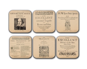 6 posavasos con obras de William Shakespeare. Hamlet, Romeo y Julieta, Rey Lear, Macbeth, El mercader de Venecia