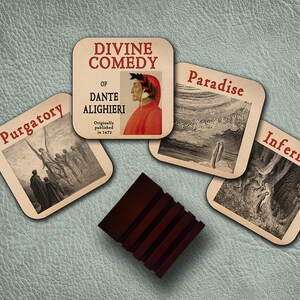 Set of "The Divine Comedy" coasters with Stand. 4 Coffee Mug Coasters with The Divine Comedy by Dante Alighieri design, Bookish Gift