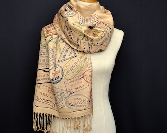 Traveler scarf, Scarf with passport stamps, Flight attendant gift, Travel Agent gift