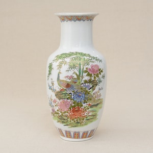 Qianlong Nian Zhi Vintage Balustrade Vase Decor Bamboo Chrysanthemums and Peacocks Chinese Hand Painted Porcelain