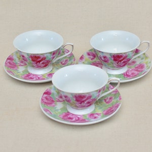3 pcs Vintage Bavari Fine Porcelain Tea Cup Roses Decor, Germany