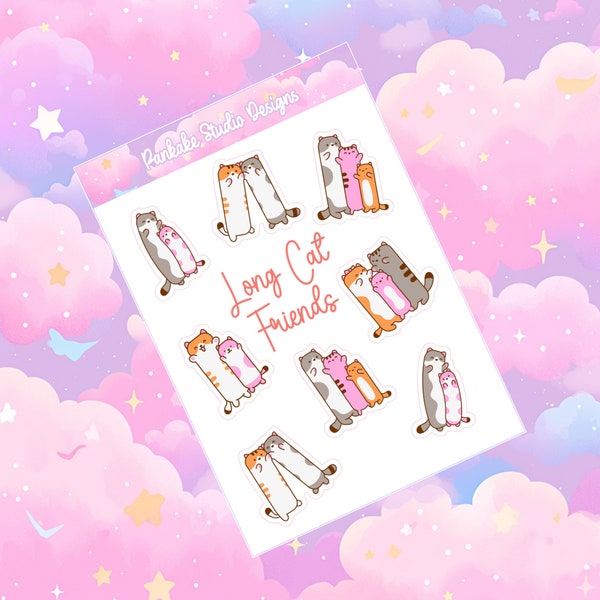 Long cat couples sticker sheet, longcat kitty planner stickers, kawaii stationary, bujo stickers, gift for girlfriend, mom, sister