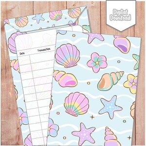 May include: A printable transaction log sheet featuring a light blue background with a repeating pattern of pastel-colored seashells, starfish, and flowers. The document includes columns labeled Date and Transaction, and a Digital Download badge.