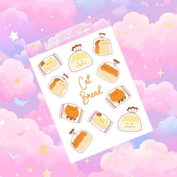 Cat bread sticker sheet, planner stickers, kawaii stationary, bujo stickers