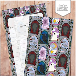 May include: A printable ledger sheet featuring a gothic pattern of stained glass windows with coffins, ghosts, ravens, and spiderwebs. The page includes columns labeled Date and Transaction, with a white background and a grey stone wall motif.