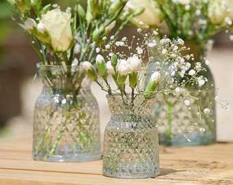 Small Mini Waisted Diamond Glass Flower Posy Vase | Small Patterned Glass Retro Jar Vase | Ideal For Dried Or Fresh Flower Arrangements | UK