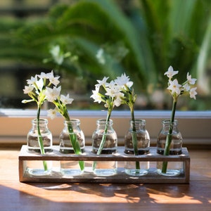 x1 Set Of 5 Mini Bud Vase Bottles In A Wooden Tray | Flower Bud Vases | Mini Glass Milk Bottles With Vintage Hand-finished Tray | UK Florist