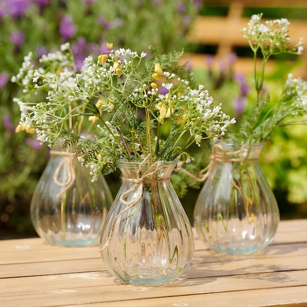 Set of 3 Small Ribbed Belly Glass Bud Vases | Wedding Table Flower Bottles | Glass Bud Vase For Flowers | Glass Ribbed Bottles | UK Florist