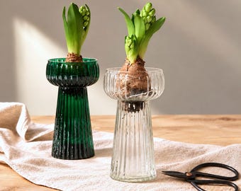Ribbed Glass Hyacinth Bulb Vase Green or Clear Flower Forcing Vase