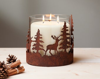 Candle Holder Alpine Forest Scene  | Christmas Tablescape  | Festive Rust Finish Candle Holder | UK Florist