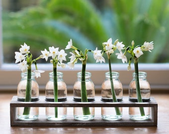 Wooden Flower Tray with 5 Small Glass Vases, Country Garden Home Decor