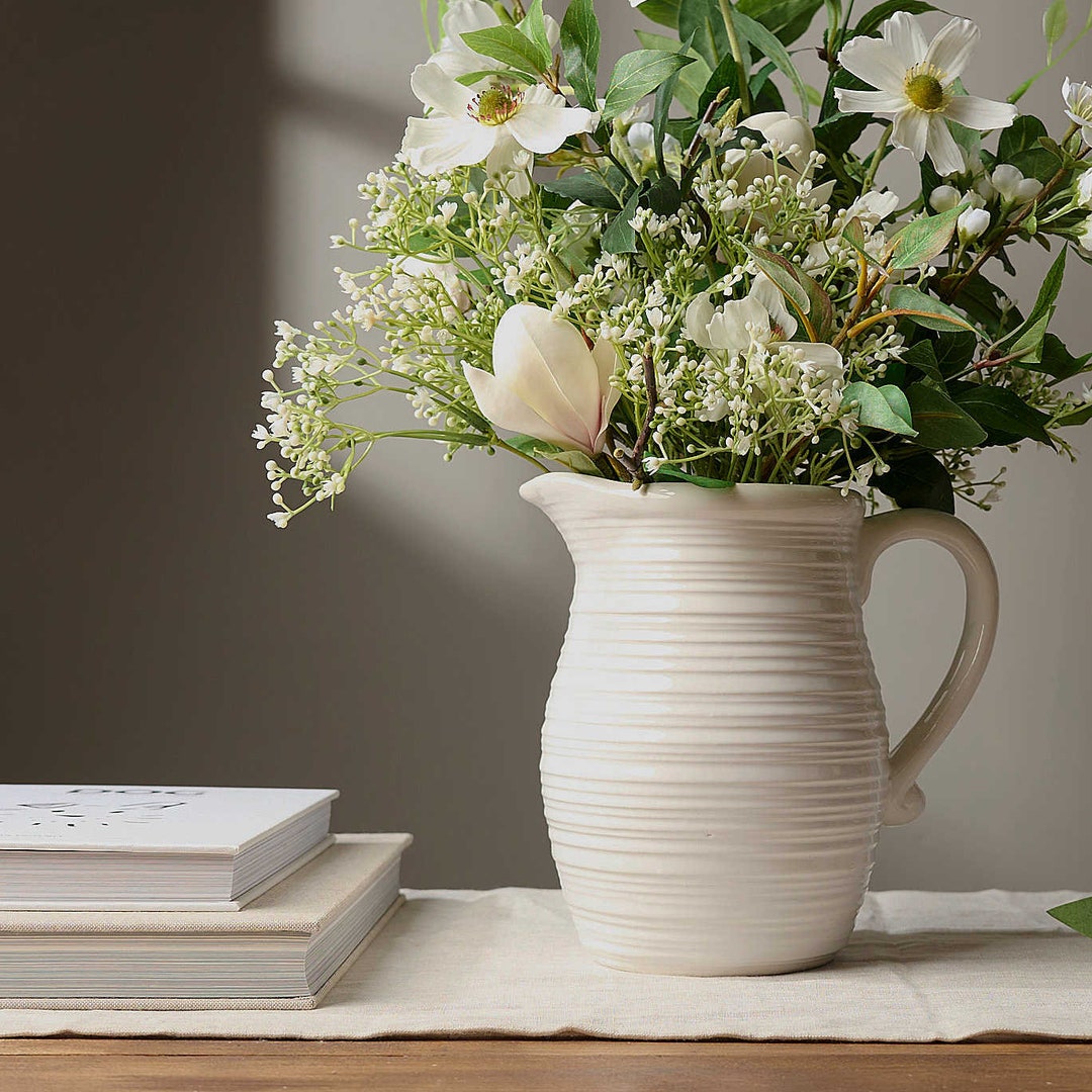Ceramic Textured White Country Style Jug Flower Vase Jug White Lined