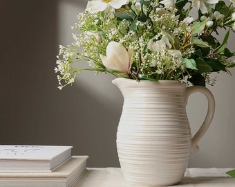 Ceramic Textured White Country Style Jug | Flower Vase Jug  | White Lined Detail Pitcher Jug Perfect For Flowers | UK Florist