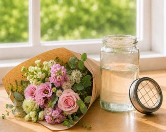 Florist's Meadow Flower Arranging Kit | Seasonal Flowers, Jam Jar & Metal Frog Lid