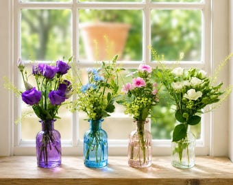 Set of 4 Bud Vases with Flowers | Coloured Ribbed Glass Vases