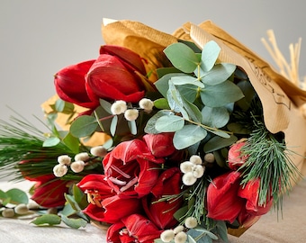 Christmas Amaryllis Flower Box, Red Amaryllis & Winter Foliage