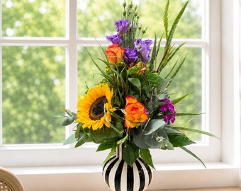 Sunflower Bouquet with Stripe Vase | Luxury Fresh Flower Gift