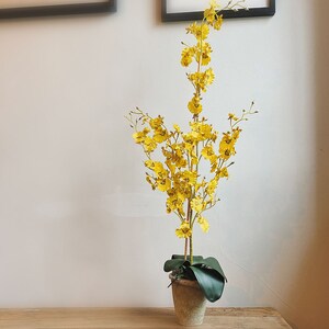 May include: A tall artificial plant featuring numerous small, vibrant yellow orchid flowers on slender stems. The plant is potted in a textured, light brown tapered container with several large, smooth, dark green leaves at the base of the stems.