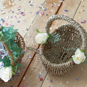 Seagrass Flower Girl Basket With Artificial Ivy And Ivory Garden Rose Bud| Wedding Flower Girl Basket | Confetti Basket Hand Decorated