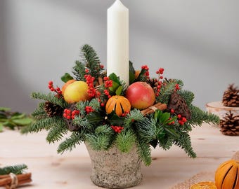 Christmas Table Centrepiece, The Flower Pot, Winter Berries & Candle