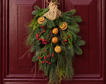 Fresh Christmas Door Swag, Scented Spruce, Berries & Dried Orange